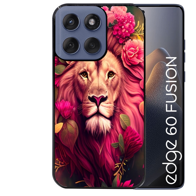 Coque noire taperso pour Moto Edge 60 et Neo Fusion Pro avec motif lion et fleurs rose protection antichoc personnalisée