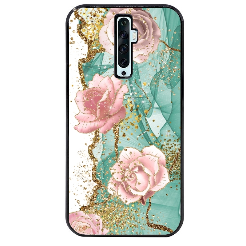 Coque noire taperso pour OPPO Reno 2 et 2Z avec motif marbre fleur turquoise protection antichoc personnalisée