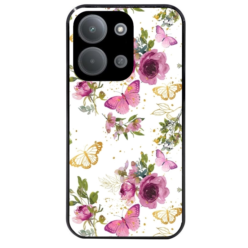Coque noire taperso pour POCO C85 avec motif fleur et papillon protection antichoc personnalisée