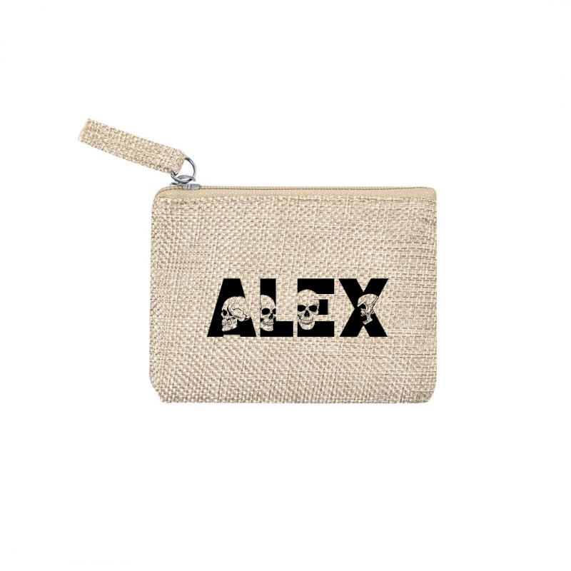 Pochette personnalisée prénom tête de mort en jute et doré en jute et doré