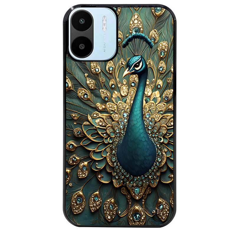 Coque noire taperso pour Redmi A1 et A2 avec motif paon bijoux protection antichoc personnalisée