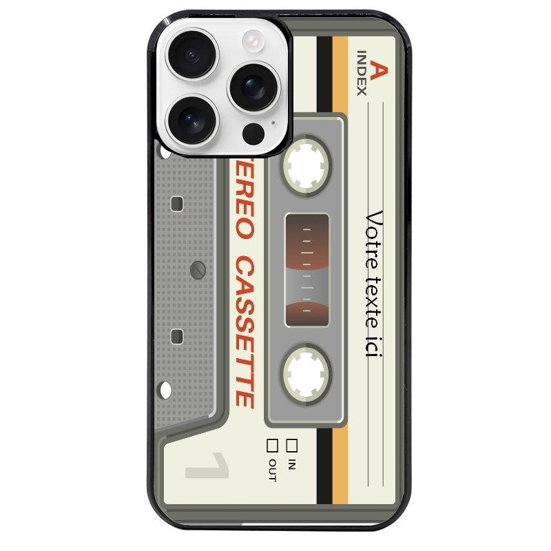 Coque noire taperso pour Iphone 16 16E PLUS MAX PRO avec motif cassette grise personnalisable protection antichoc personnalisée