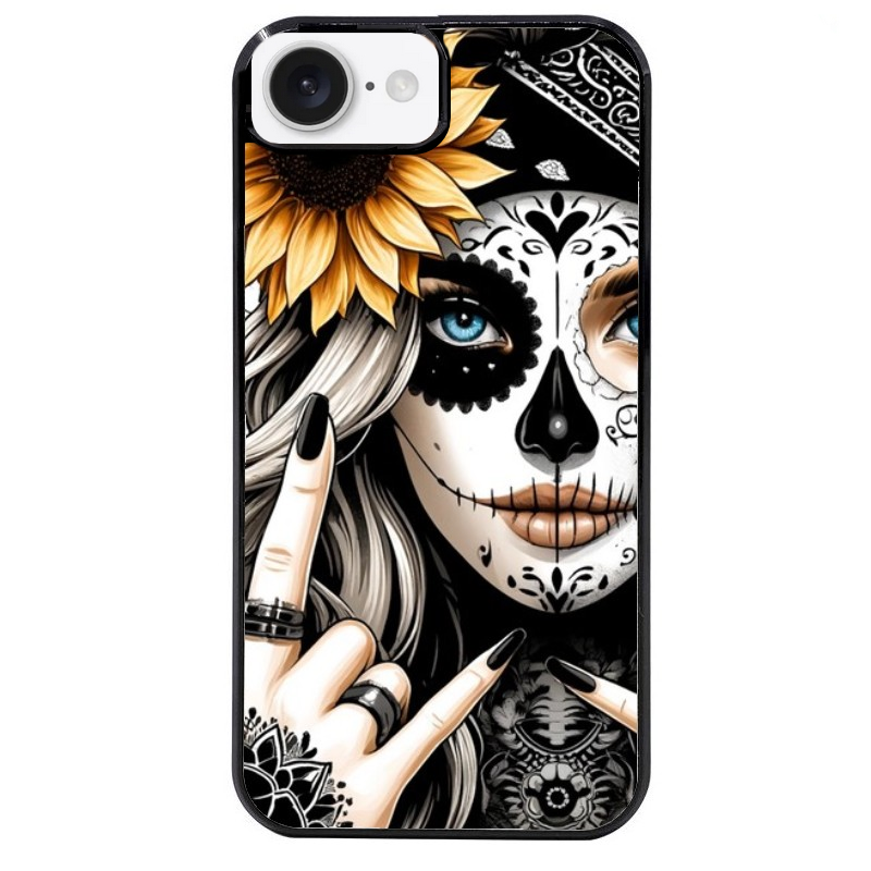 Coque noire taperso pour Iphone 16 16E PLUS MAX PRO avec motif tete de mort tatoo protection antichoc personnalisée