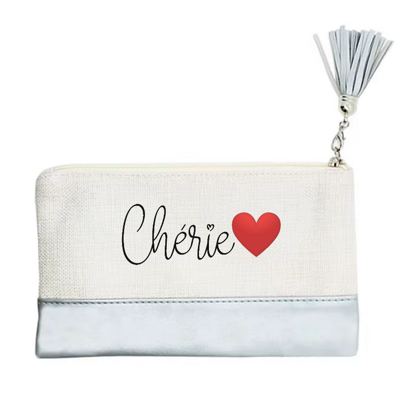 Pochette motif cherie et cœur en toile et simili cuir