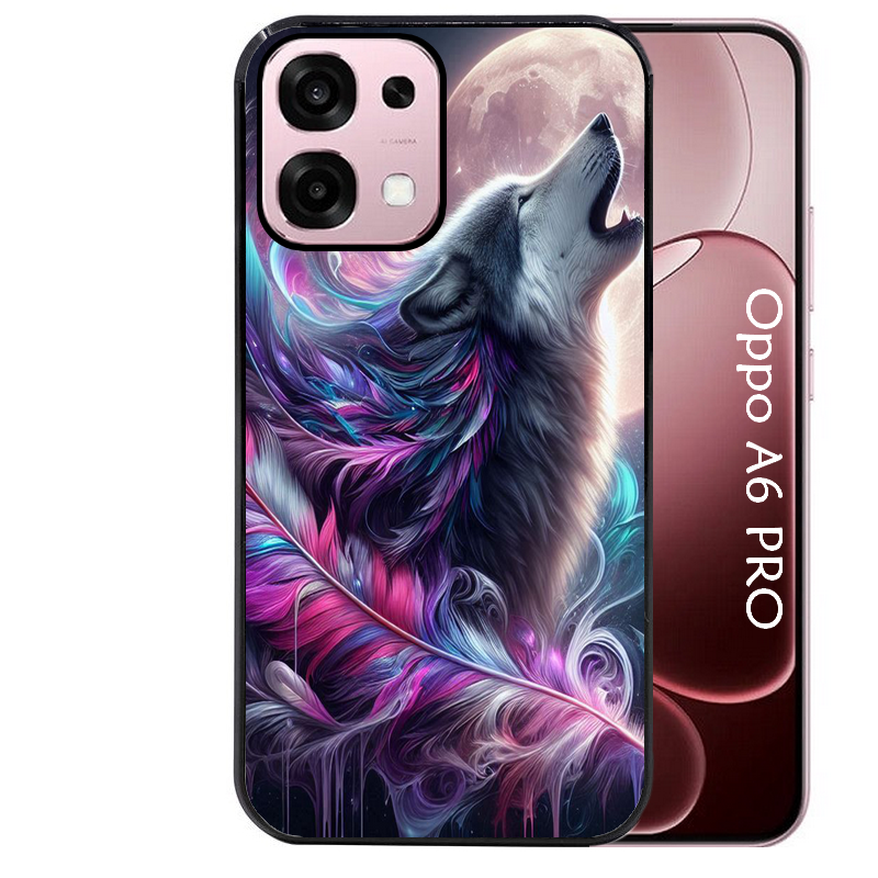 Coque noire taperso pour OPPO A6 PRO 4G et 5G avec motif loup et plume protection antichoc personnalisée