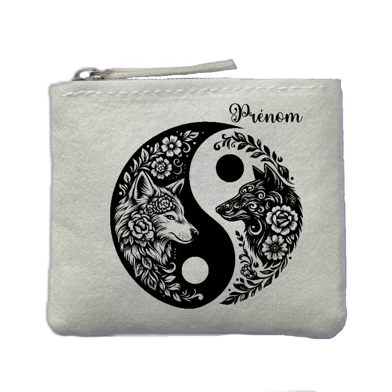 Porte monnaie personnalisé yin yang loup ivoire en feutrine en feutrine ivoire