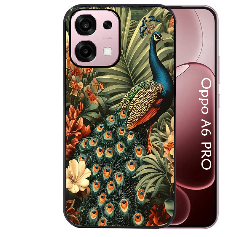Coque noire taperso pour OPPO A6 PRO 4G et 5G avec motif paon tropical protection antichoc personnalisée