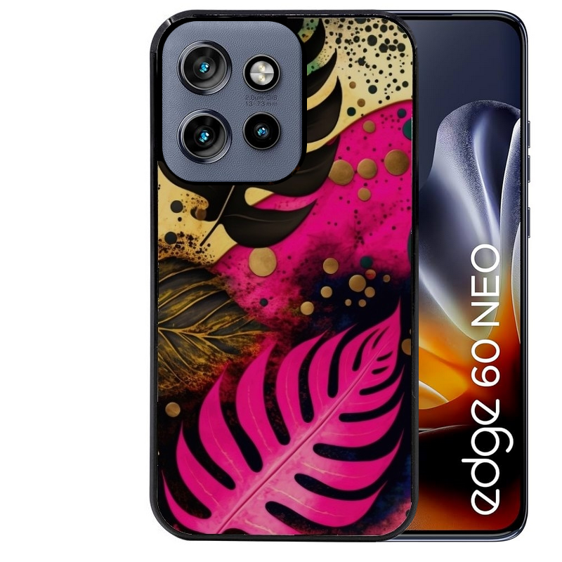 Coque noire taperso pour Moto Edge 60 et Neo Fusion Pro avec motif tropical rose et des fleurs protection antichoc personnalisée