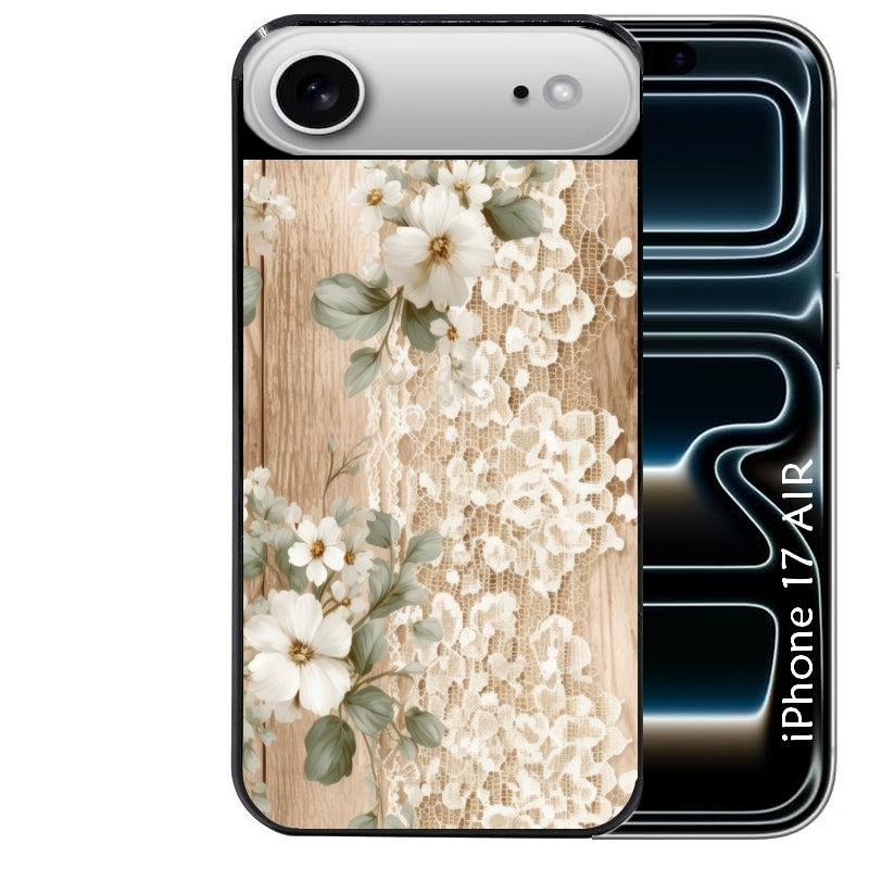 Coque noire taperso pour Iphone 17 17E AIR MAX PRO avec motif bois et dentelle 1 protection antichoc personnalisée