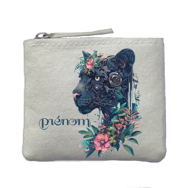 Porte monnaie personnalisé panthere fleurs ivoire en feutrine en feutrine ivoire