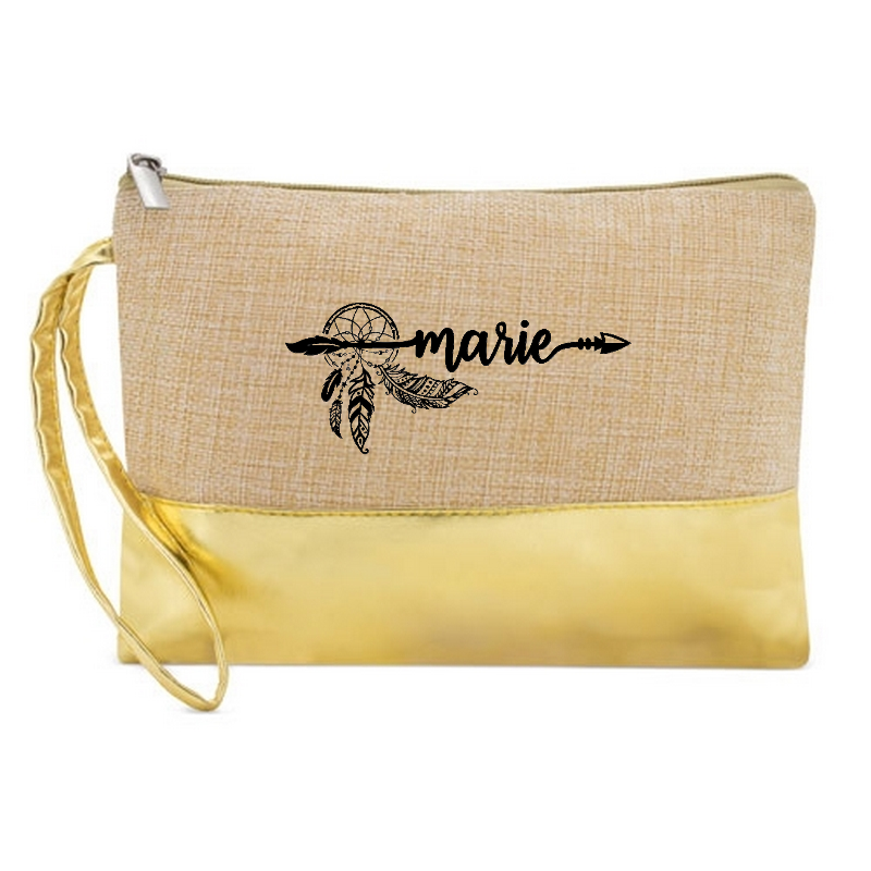 Pochette personnalisée prénom dreacatcher en jute et doré en jute et doré