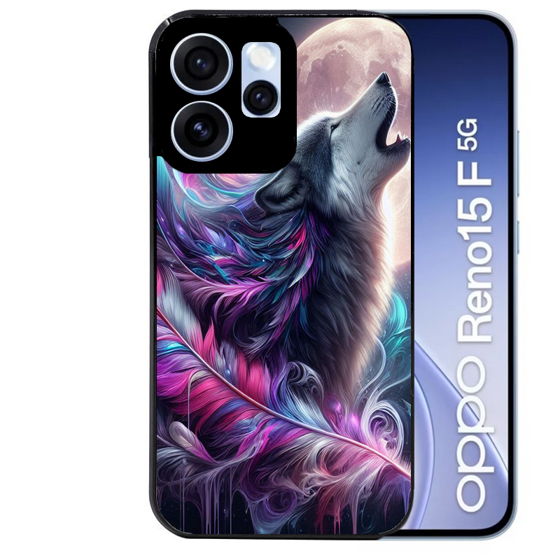 Coque noire taperso pour OPPO Reno 15 et F FS 5G avec motif loup et plume protection antichoc personnalisée