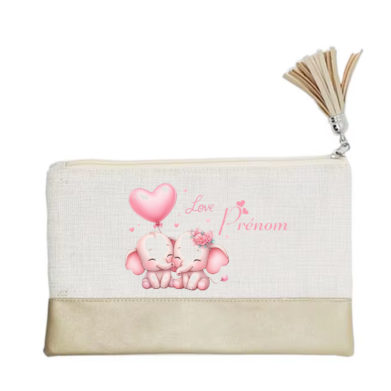 Pochette personnalisée motif elephant love en toile et simili cuir personnalisée