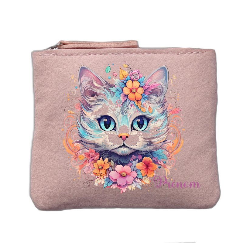 Porte monnaie personnalisé motif chat pastel rose clair en feutrine en feutrine