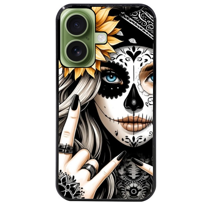 Coque noire taperso pour Iphone 16 16E PLUS MAX PRO avec motif tete de mort tatoo protection antichoc personnalisée