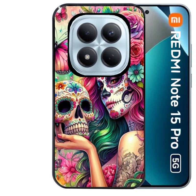 Coque noire taperso pour Redmi Note 15 et PRO PLUS 4G 5G avec motif tete de mort calavera skull protection antichoc personnalisée