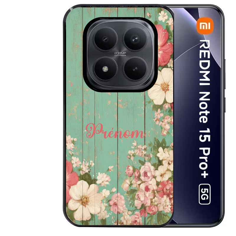 Coque noire taperso pour Redmi Note 15 et PRO PLUS 4G 5G avec motif bois et fleur avec votre prenom protection antichoc personnalisée