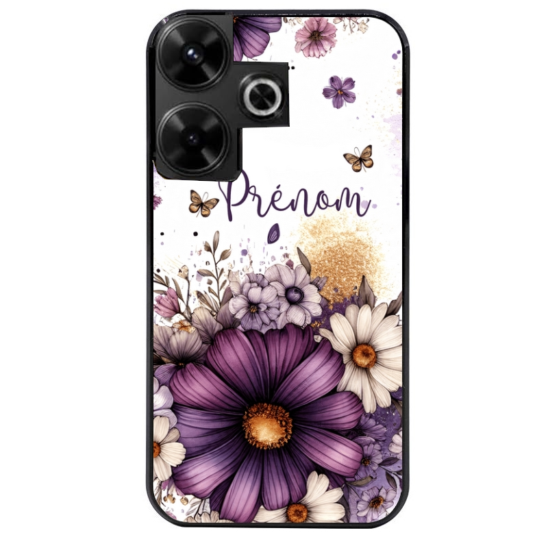 Coque noire taperso pour POCO M6 4G avec motif fleur violette personnalisee protection antichoc personnalisée
