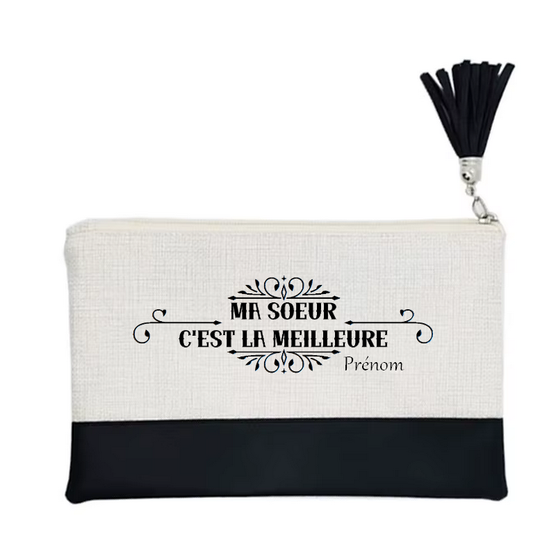 Pochette personnalisée motif soeur la meilleure en toile et simili cuir personnalisée