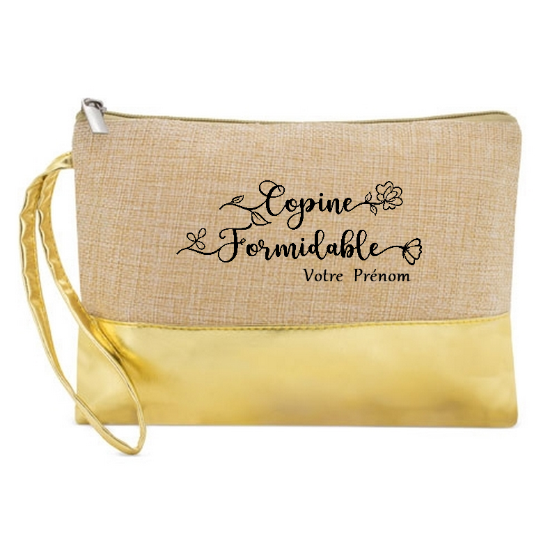 Pochette personnalisée copine formidable en jute et doré en jute et doré