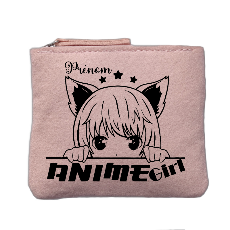 Porte monnaie personnalisé motif anime girl rose clair en feutrine en feutrine
