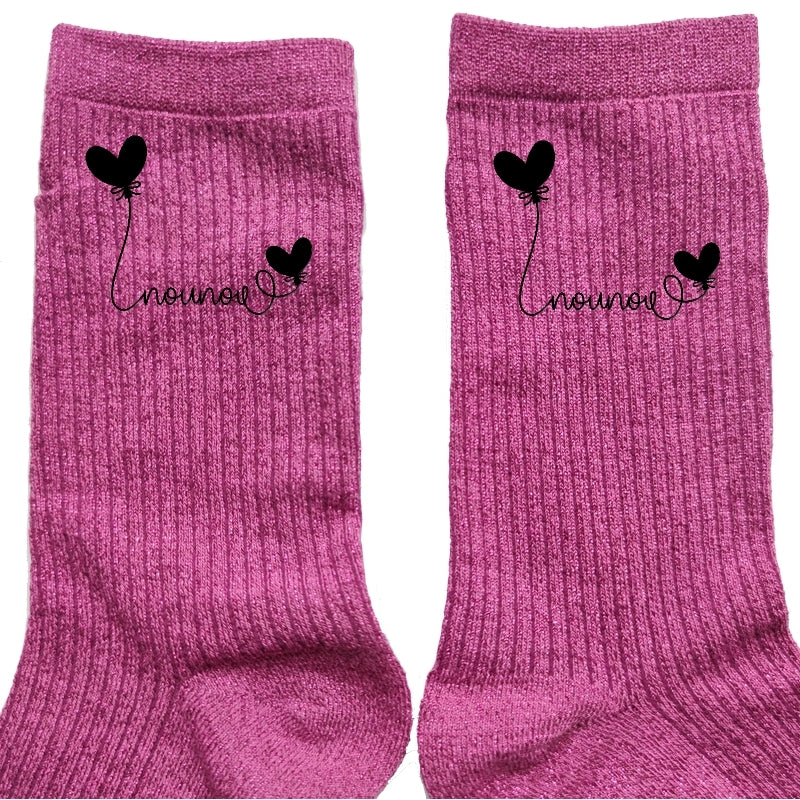 Chaussettes paillettes rose motif nounou et coeur