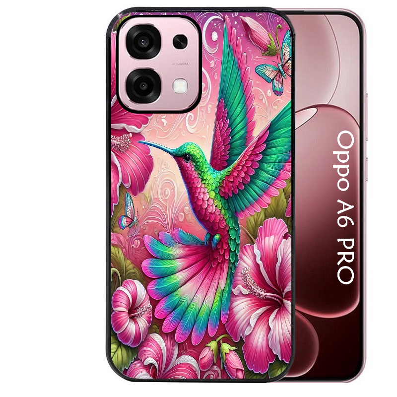 Coque noire taperso pour OPPO A6 PRO 4G et 5G avec motif colibri et fleurs protection antichoc personnalisée