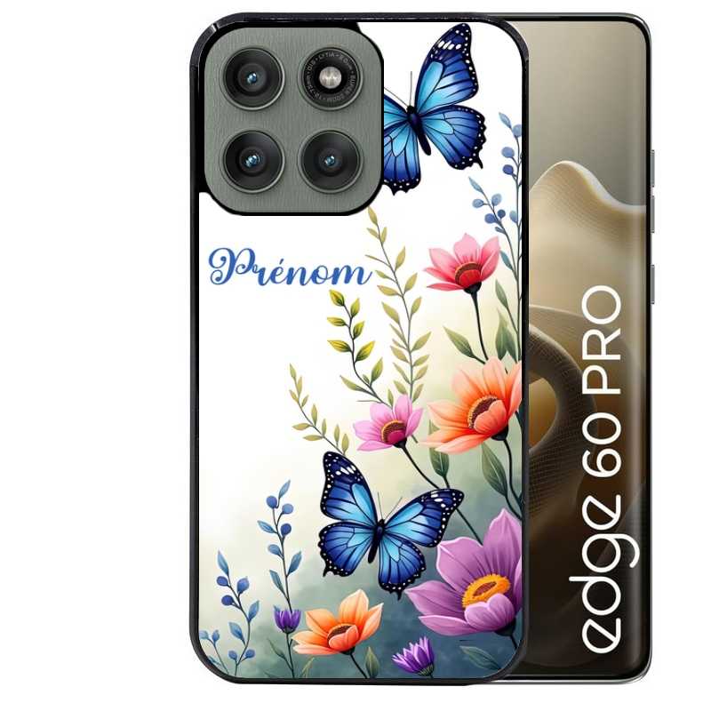 Coque noire taperso pour Moto Edge 60 et Neo Fusion Pro avec motif papillon prenom personnalisee protection antichoc personnalisée