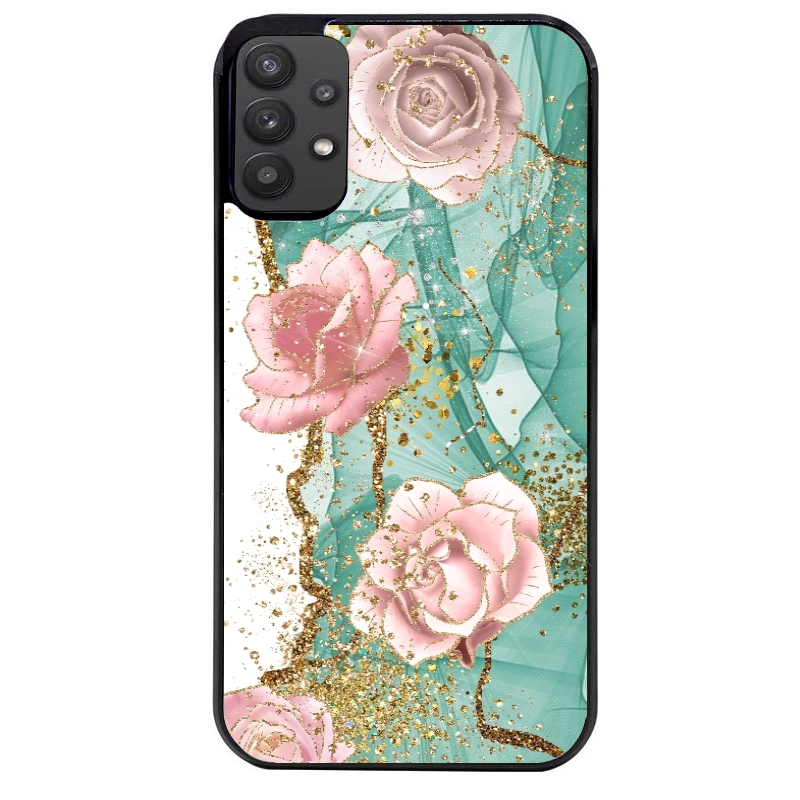 Coque noire taperso pour galaxy A22 A32 A52 A52S 4G 5G  avec motif marbre fleur turquoise protection antichoc personnalisée