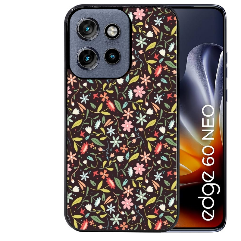 Coque noire taperso pour Moto Edge 60 et Neo Fusion Pro avec motif petites feurs multicolores protection antichoc personnalisée