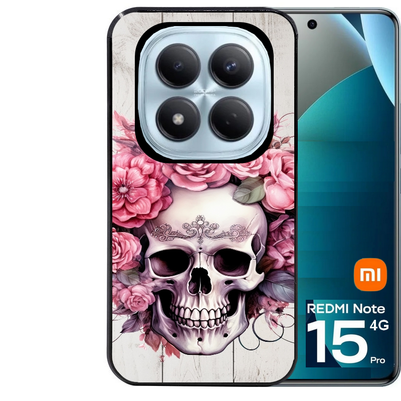 Coque noire taperso pour Redmi Note 15 et PRO PLUS 4G 5G avec motif tete de mort floral protection antichoc personnalisée
