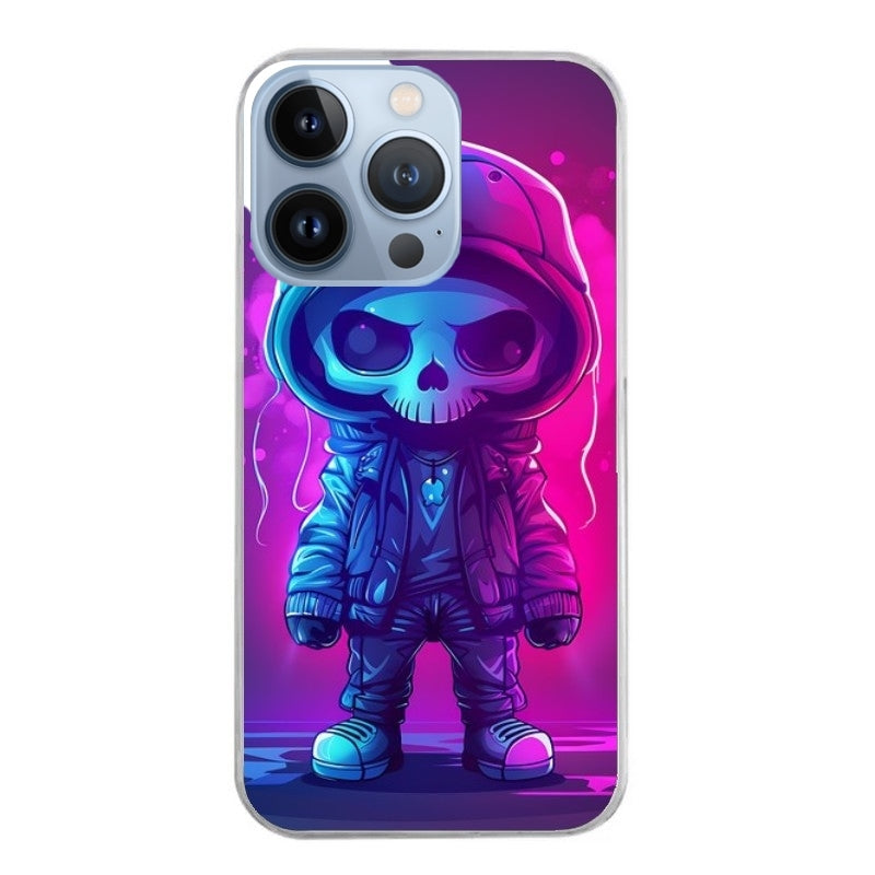 Coque taperso pour Iphone 14 et PRO PLUS PRO MAX avec motif tete de mort skull fluo protection antichoc personnalisée