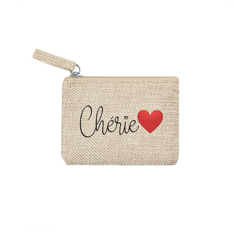 Pochette motif cherie et cœur en toile et simili cuir