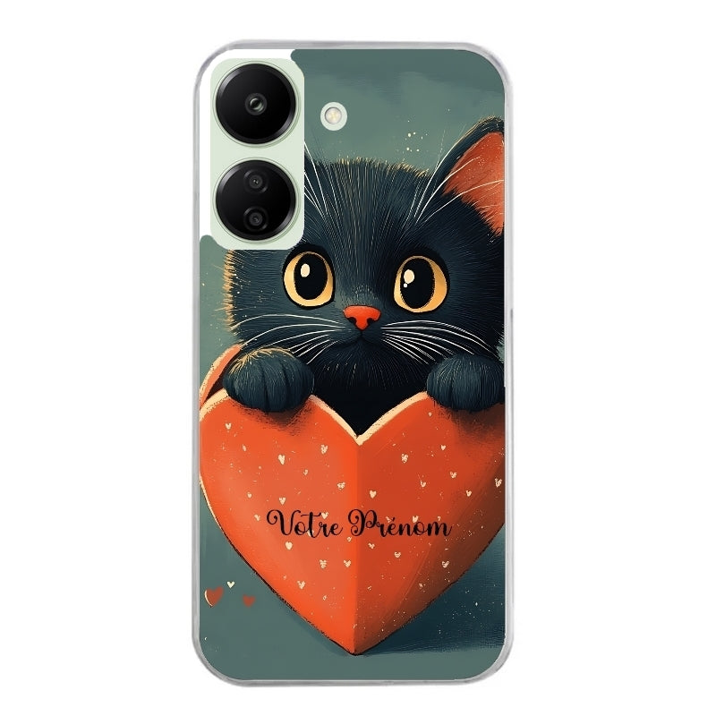 Coque taperso pour POCO C65 4G avec motif chat et coeur avec prenom protection antichoc personnalisée