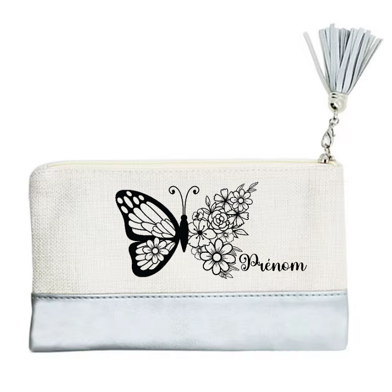 Pochette personnalisée motif papillon black en toile et simili cuir personnalisée