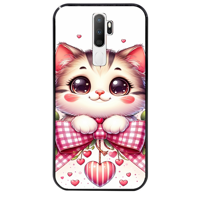 Coque noire taperso pour OPPO A5 A9 2020 avec motif chat noeud et coeur protection antichoc personnalisée