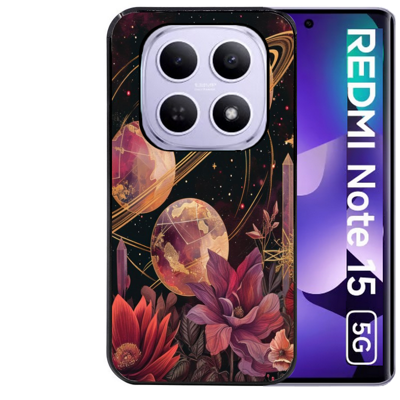 Coque noire taperso pour Redmi Note 15 et PRO PLUS 4G 5G avec motif astro et fleurs protection antichoc personnalisée