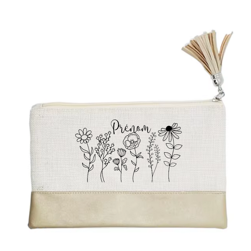 Pochette personnalisée motif fleur line art en toile et simili cuir personnalisée