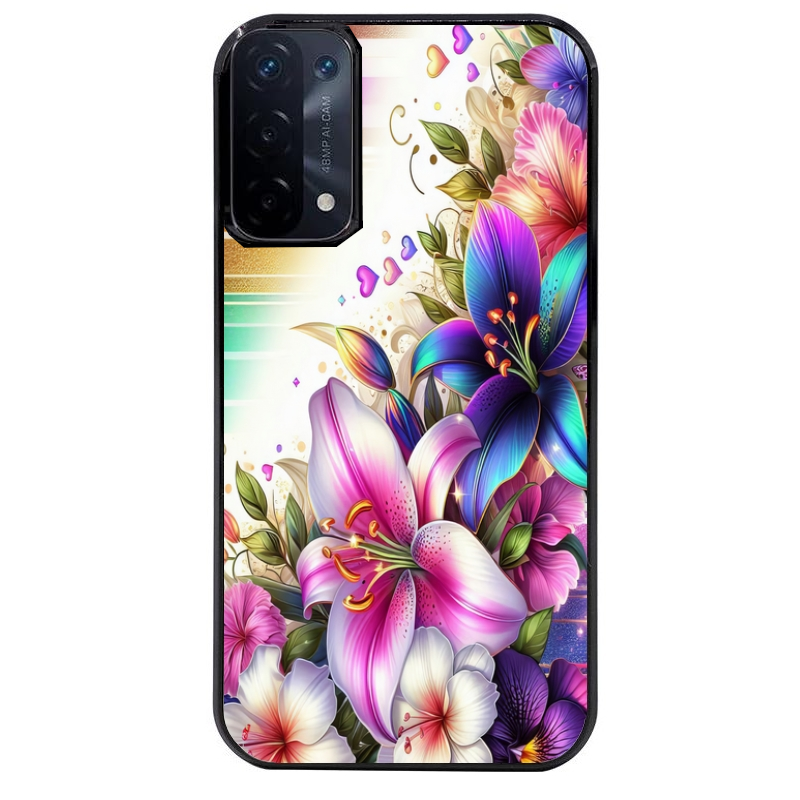 Coque noire taperso pour OPPO A54 et A74 5G avec motif fleur fluo protection antichoc personnalisée
