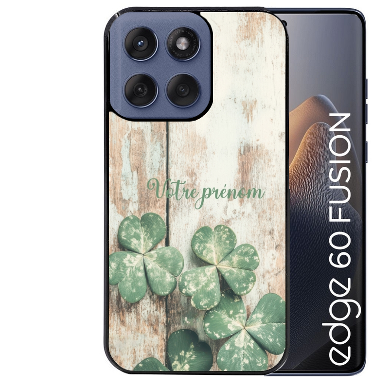 Coque noire taperso pour Moto Edge 60 et Neo Fusion Pro avec motif bois et trefle personnalisee protection antichoc personnalisée