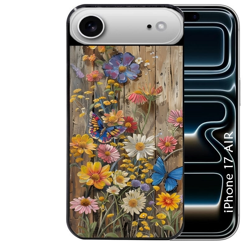 Coque noire taperso pour Iphone 17 17E AIR MAX PRO avec motif bois et papillon 1 protection antichoc personnalisée