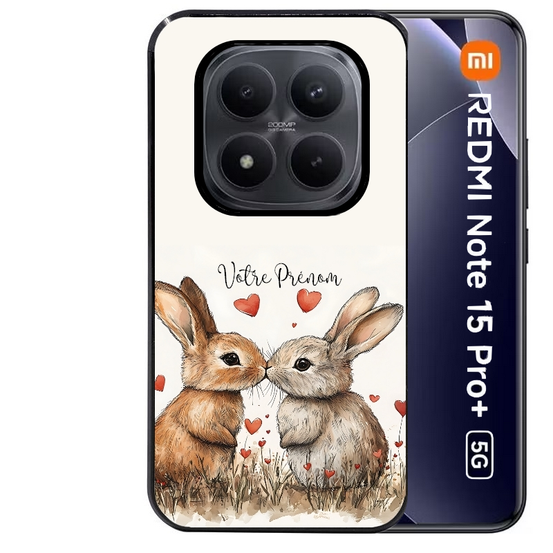 Coque noire taperso pour Redmi Note 15 et PRO PLUS 4G 5G avec motif lapin coeur avec prenom protection antichoc personnalisée