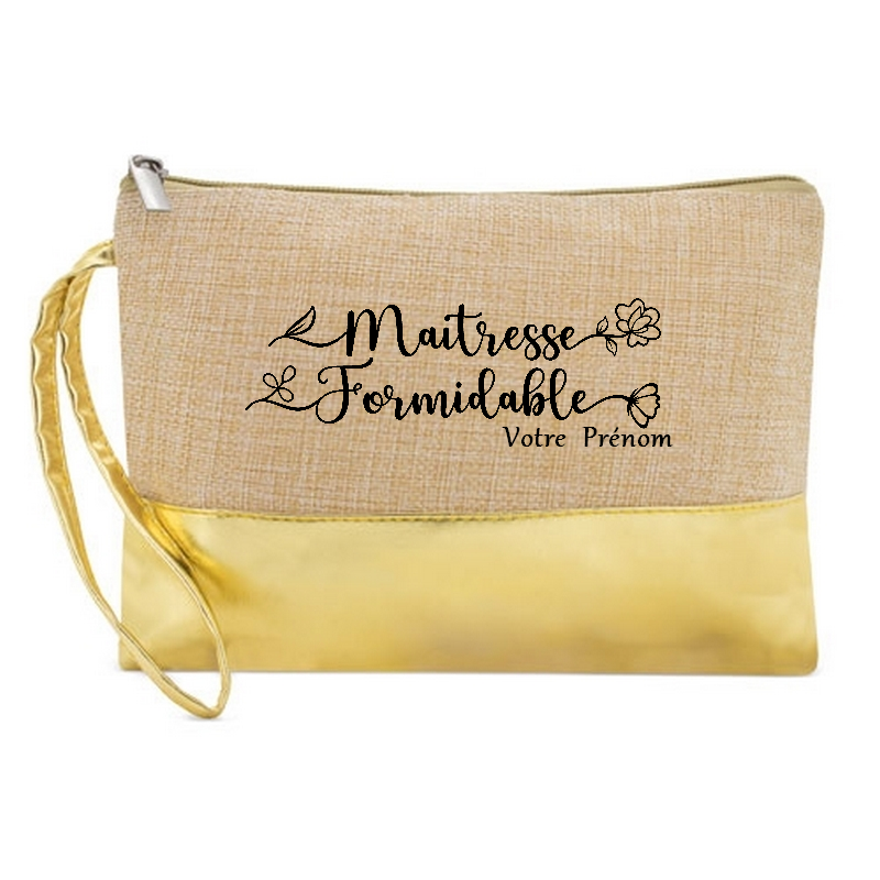 Pochette personnalisée maîtresse formidable  en jute et doré en jute et doré