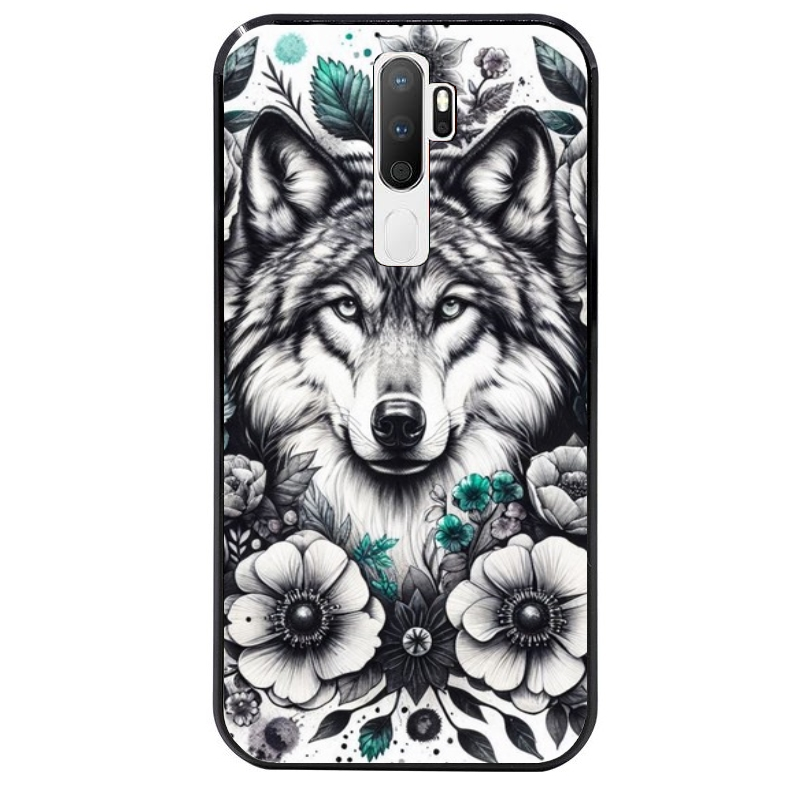Coque noire taperso pour OPPO A5 A9 2020 avec motif loup et fleur protection antichoc personnalisée