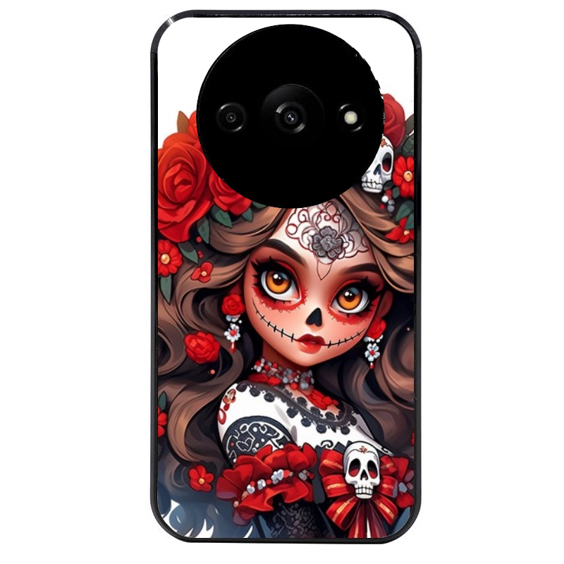 Coque noire taperso pour Redmi A3 avec motif tete de mort calavera rouge protection antichoc personnalisée