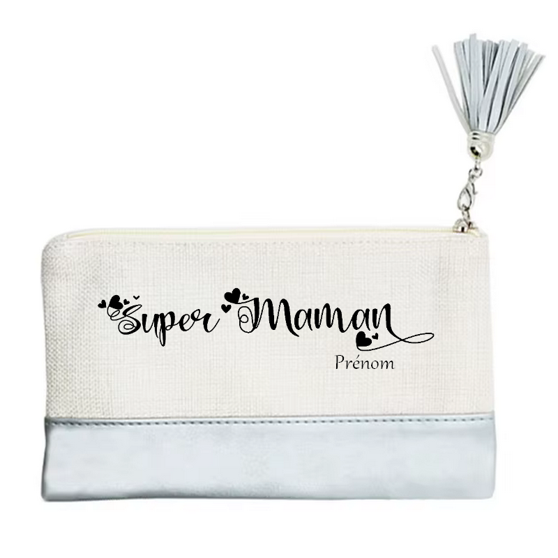 Pochette personnalisée motif super maman en toile et simili cuir personnalisée