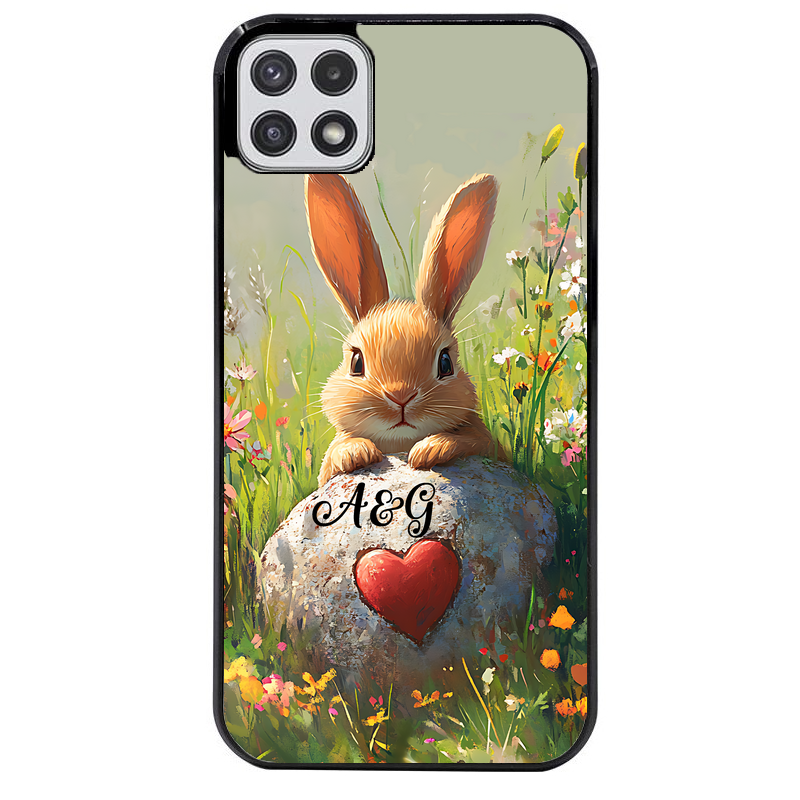 Coque noire taperso pour galaxy A22 A32 A52 A52S 4G 5G  avec motif lapin et fleurs personnalisee protection antichoc personnalisée
