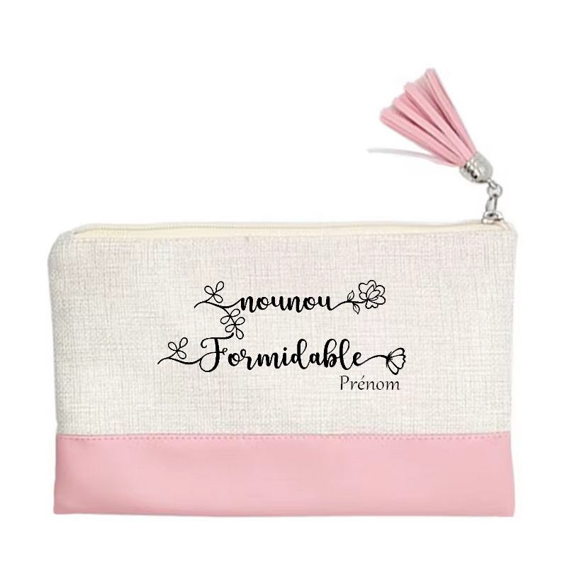Pochette personnalisée motif nounou formidable en toile et simili cuir personnalisée