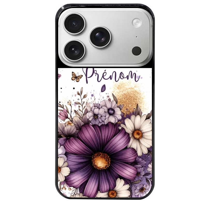 Coque noire taperso pour Iphone 17 17E AIR MAX PRO avec motif fleur violette personnalisee protection antichoc personnalisée