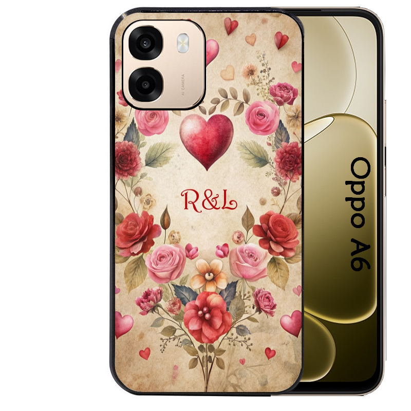 Coque noire taperso pour OPPO A6 A6X 4G et 5G avec motif coeur vintage et initiales personnalisee protection antichoc personnalisée